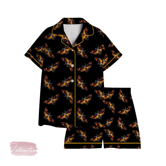 Silence of the Lambs Moth Pajama Set – Death’s Head Moth Short Sleeve Sleepwear, Dark Gothic Loungewear Gift for Horror Fans