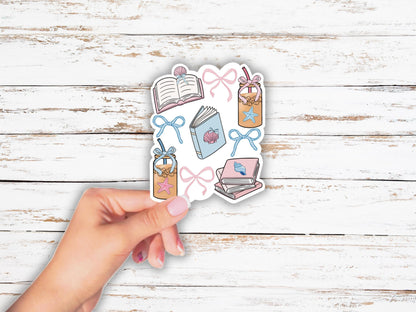 Coquette Summer Essential's Sticker, Book Stack Vinyl Decal, Girly Book Club Sticker, Gift for Book Lover, Cute Iced Coffee Kindle Stickers