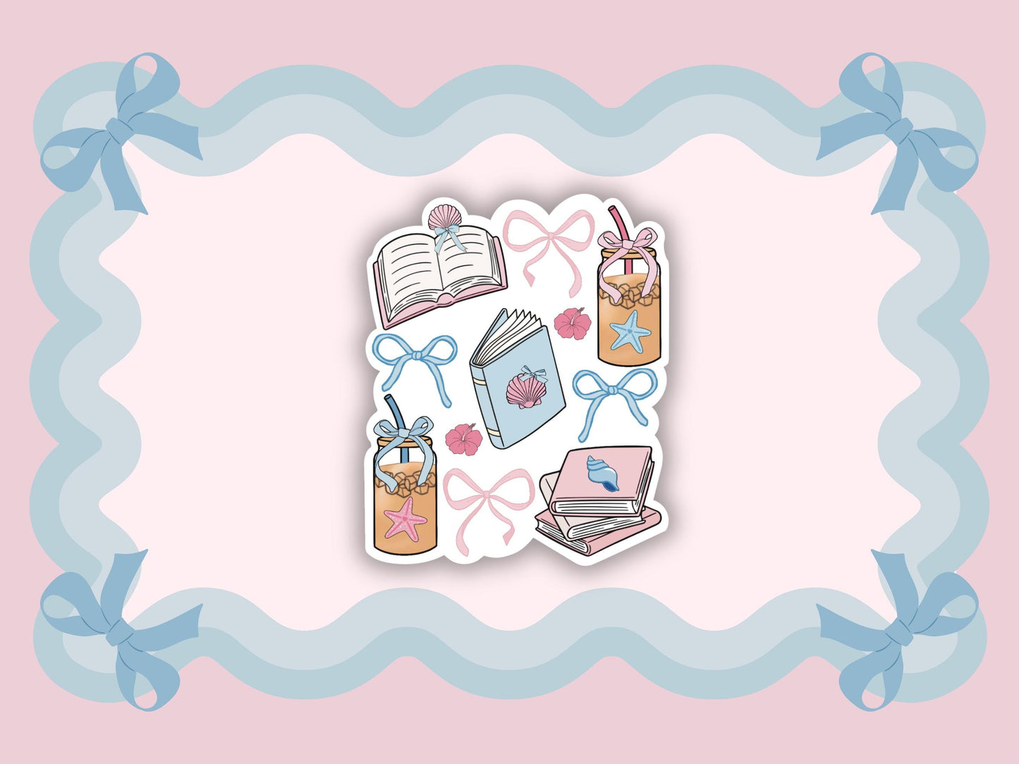 Coquette Summer Essential's Sticker, Book Stack Vinyl Decal, Girly Book Club Sticker, Gift for Book Lover, Cute Iced Coffee Kindle Stickers