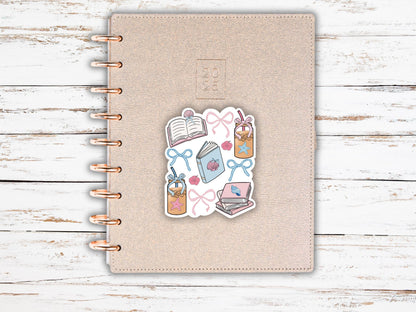 Coquette Summer Essential's Sticker, Book Stack Vinyl Decal, Girly Book Club Sticker, Gift for Book Lover, Cute Iced Coffee Kindle Stickers