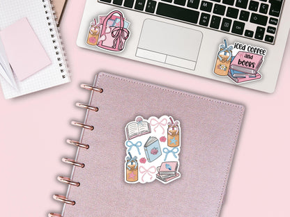 Coquette Summer Essential's Sticker, Book Stack Vinyl Decal, Girly Book Club Sticker, Gift for Book Lover, Cute Iced Coffee Kindle Stickers