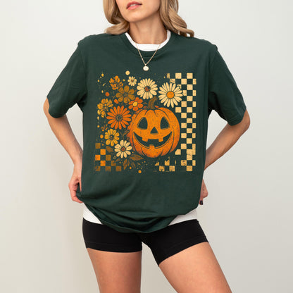 Floral Pumpkin Halloween Shirt, Checkered Halloween T-Shirt, Vintage Pumpkin Sweatshirt, Fall Flower Halloween Tee, Pumpkin Season Shirt