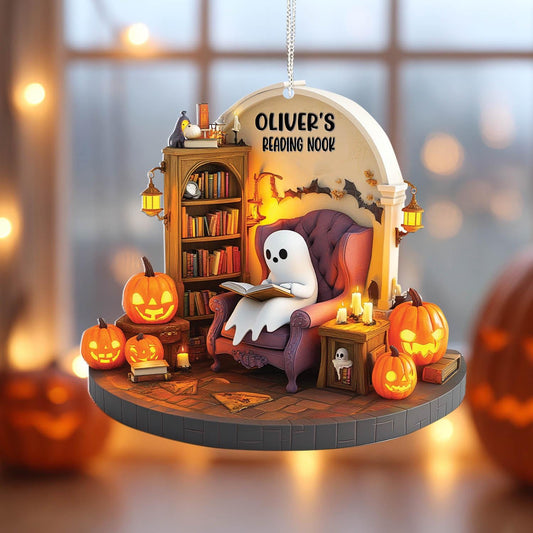 Personalized Halloween Window Hanging, Cute Ghost Reading Nook Decor with Pumpkins and Book, Fall Spooky Room Decoration Gift for Book Lover