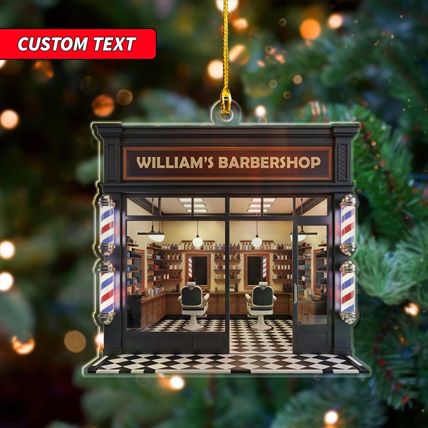 Personalized Barber Shop Xmas 2D Flat Ornament, Custom Barber Ornament, Christmas Thank You Gift, Christmas Keepsake, Barber Salon Decor