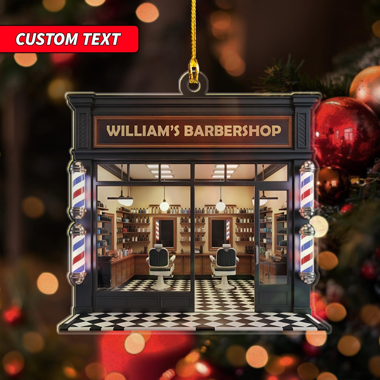 Personalized Barber Shop Xmas 2D Flat Ornament, Custom Barber Ornament, Christmas Thank You Gift, Christmas Keepsake, Barber Salon Decor