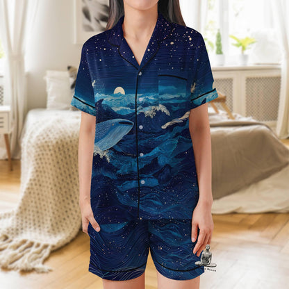 Whale Shark Pajama Set Short Sleeves, Whale Shark Woman's Satin Pajama Short Sleeve Ocean Lover Gift Sea Life Ocean Animals