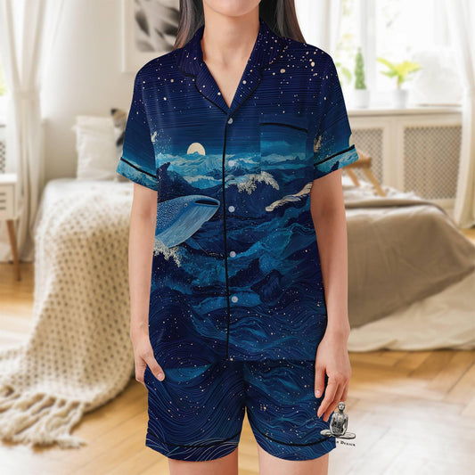 Whale Shark Pajama Set Short Sleeves, Whale Shark Woman's Satin Pajama Short Sleeve Ocean Lover Gift Sea Life Ocean Animals