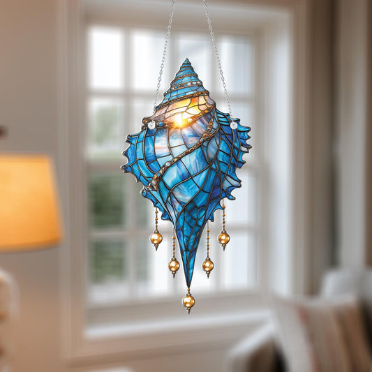 Blue Seashell Window Hanging with Elegant Dangling Beads, Ocean Nautical Decor for Beach Lovers, Summer Gift for Her, Coastal Home Accent