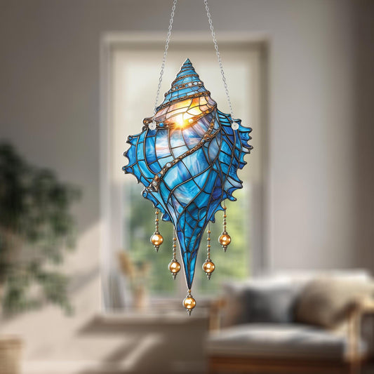 Blue Seashell Window Hanging with Elegant Dangling Beads, Ocean Nautical Decor for Beach Lovers, Summer Gift for Her, Coastal Home Accent