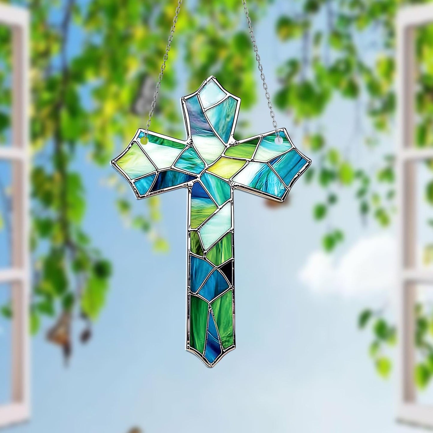 Christian Cross Window Hanging with Blue Green Glass Mosaic – Christian Decor, Religious Gift for Mom, Housewarming Ornament, Faith Art