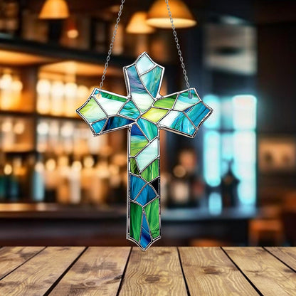 Christian Cross Window Hanging with Blue Green ACRYLIC – Christian Decor, Religious Gift for Mom, Housewarming Ornament, Faith Art