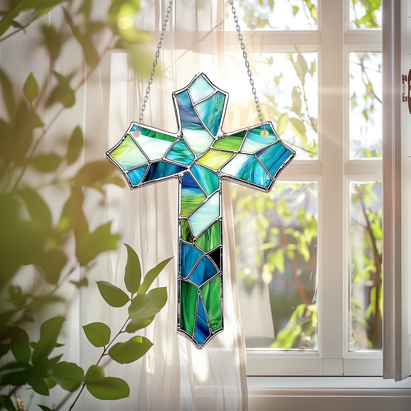 Christian Cross Window Hanging with Blue Green Glass Mosaic – Christian Decor, Religious Gift for Mom, Housewarming Ornament, Faith Art