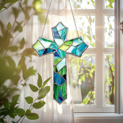 Christian Cross Window Hanging with Blue Green ACRYLIC – Christian Decor, Religious Gift for Mom, Housewarming Ornament, Faith Art