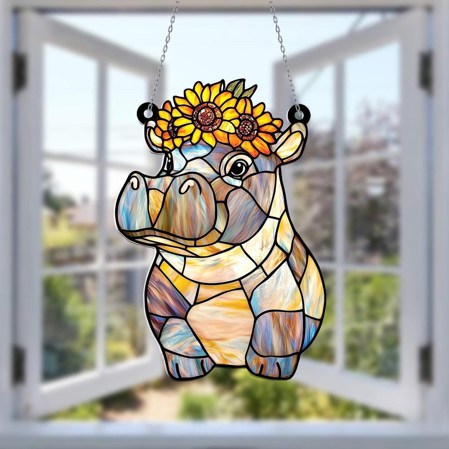Hippo Window Hanging with Sunflower Crown – Cute Faux Glass Suncatcher Decor, Whimsical Animal Lover Gift, Playful Nature-Inspired Art