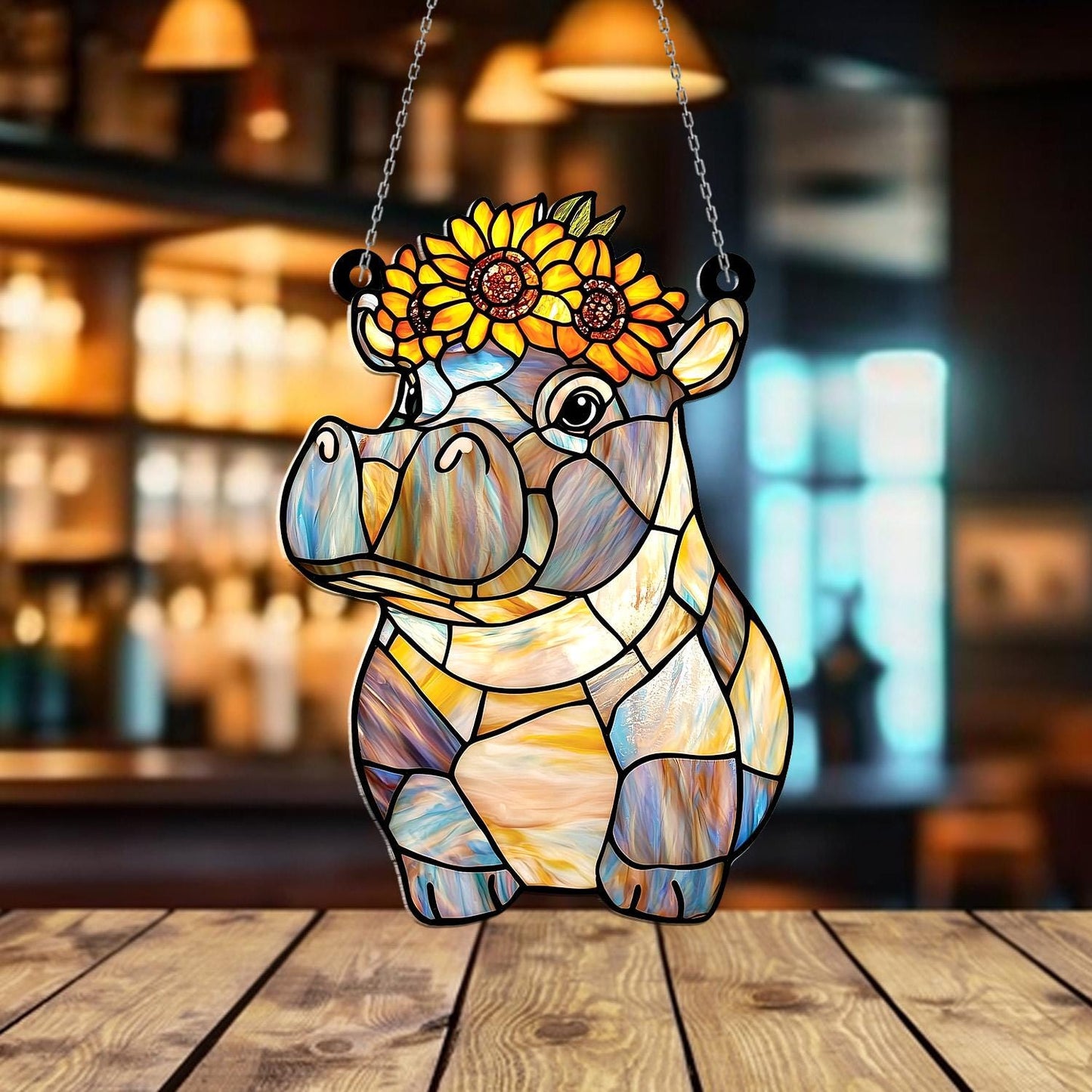 Hippo Window Hanging with Sunflower Crown – Cute Faux Glass Suncatcher Decor, Whimsical Animal Lover Gift, Playful Nature-Inspired Art