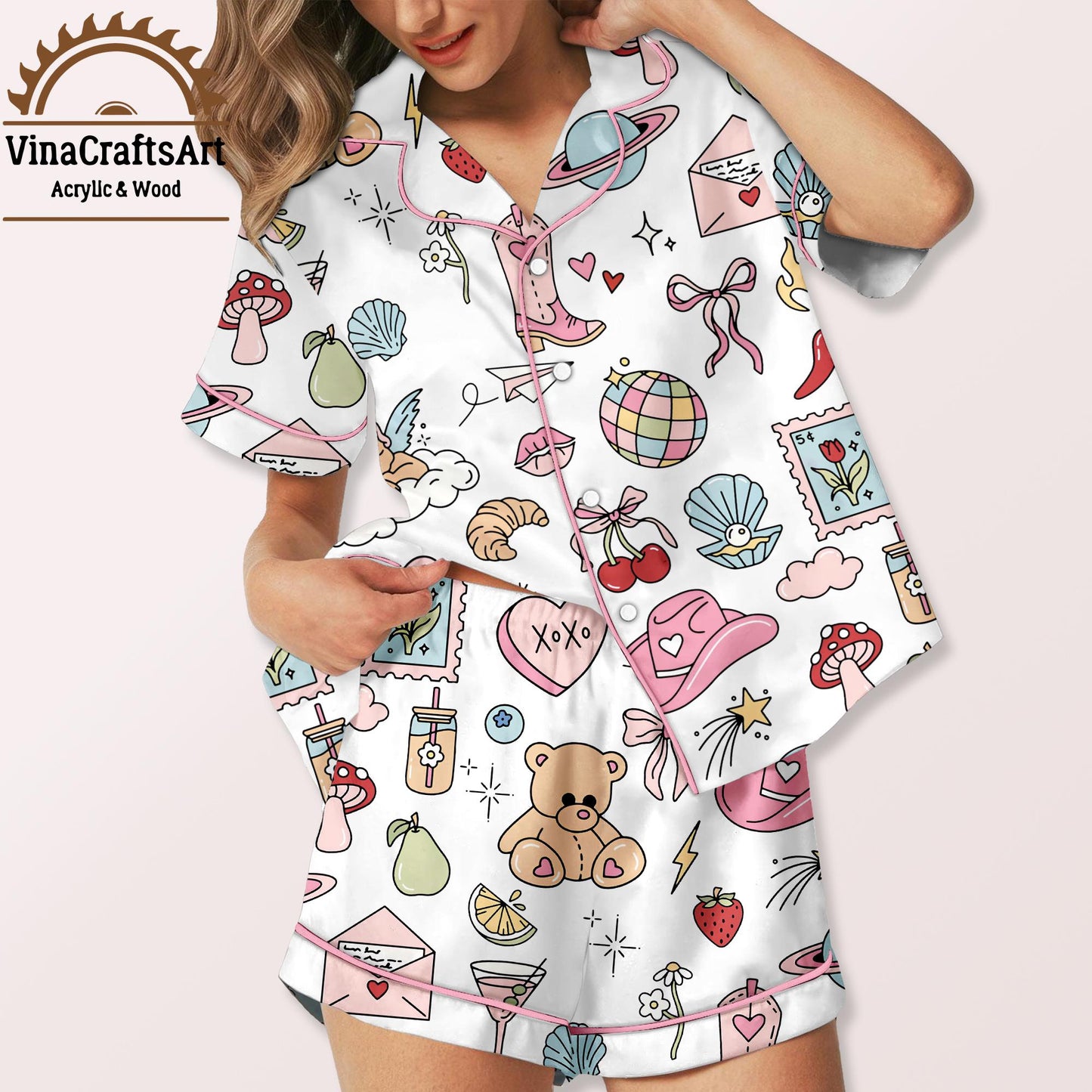 Cute Cartoon Icon Pajama Set – Cozy Aesthetic PJs with Bows, Mushrooms, Teddy Bears & Girly Graphics | Kawaii Sleepwear for Women