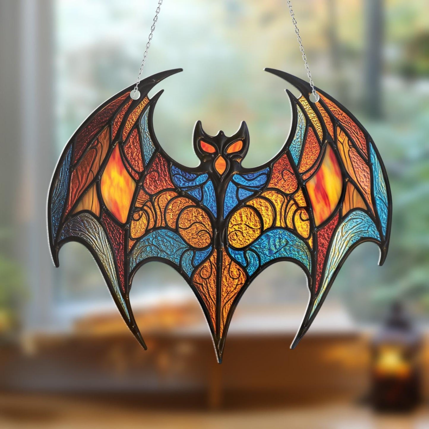 Bat Window Hanging, Gothic Wall Art for Halloween, Fiery Blue Bat Home Decor, Witchy Gift for Her, Spooky Bat Decor, Creepy Cute Accent