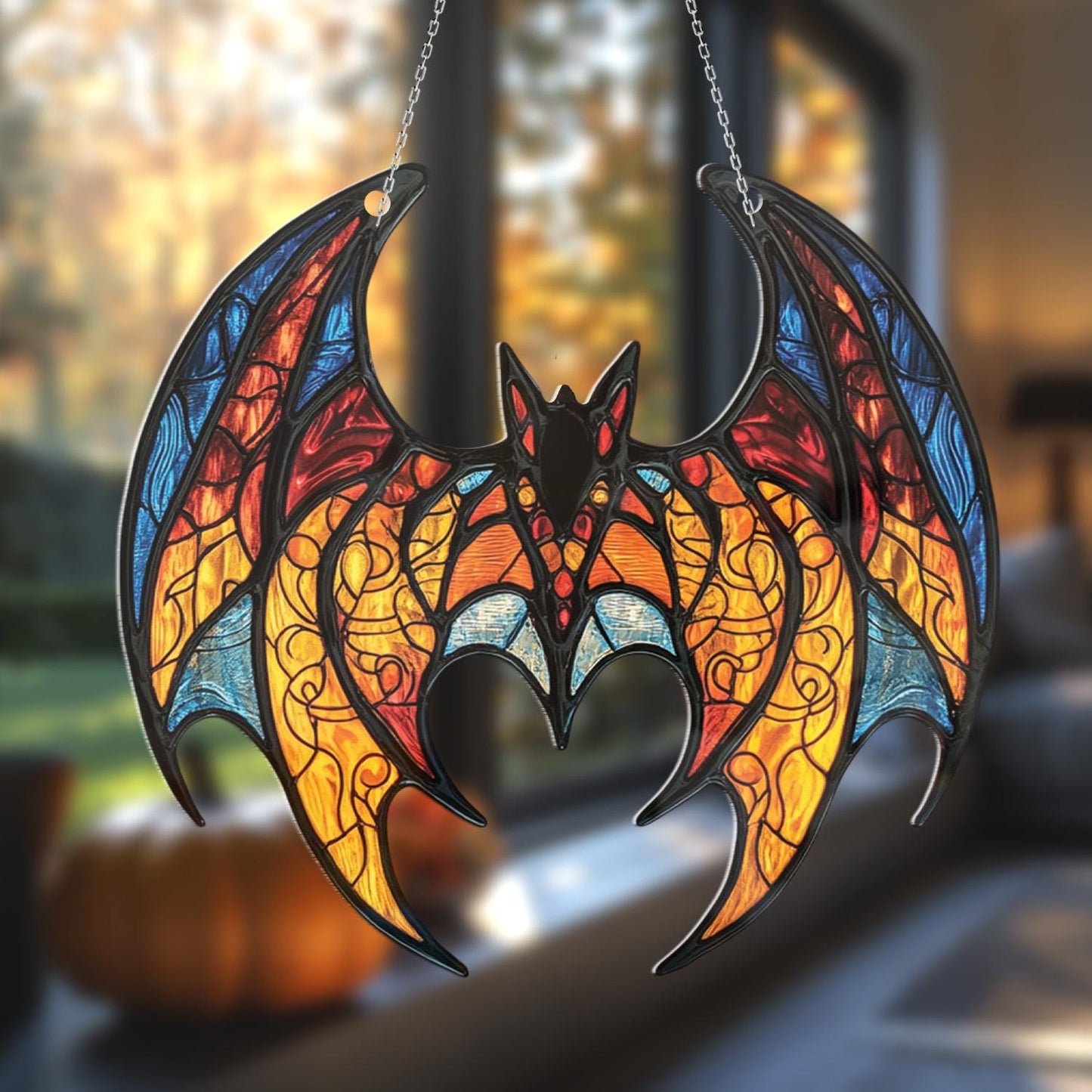 Bat Window Hanging, Gothic Wall Art for Halloween, Fiery Blue Bat Home Decor, Witchy Gift for Her, Spooky Bat Decor, Creepy Cute Accent