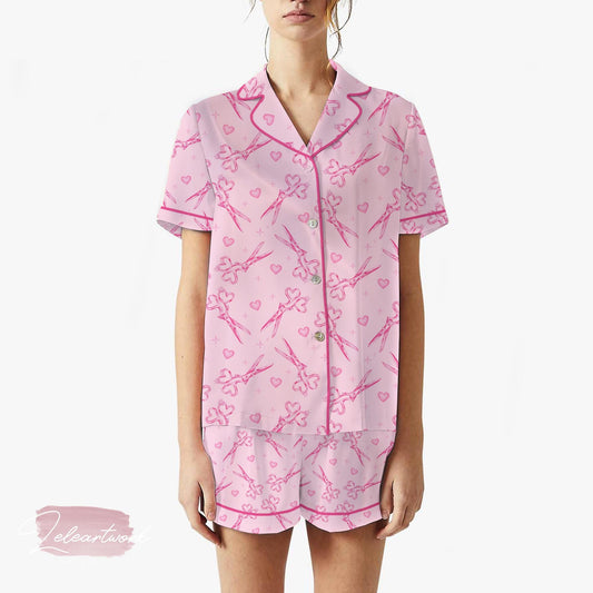 Scissors Set – Pink Coquette Pajama Set with Heart Handle Shears, Cute Girly Sleepwear for Crafters, Sewists & Softcore Lovers