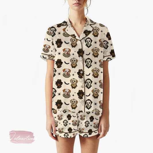 Spooky Paw Set – Halloween Dog Print Pajama Set with Horror-Inspired Pups, Cute Pet Lover Sleepwear, Funny Fall Loungewear