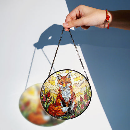 Fox in Wildflower Meadow Stained Glass Style Window Suncatcher Gift for Nature Lover or Woodland Animal Fan