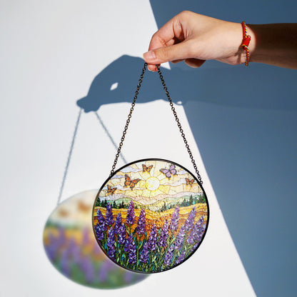 Purple lavender field butterflies stained glass round suncatcher gift for mom nature decor