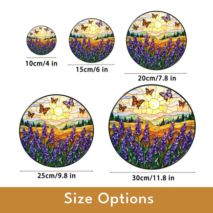 Purple lavender field butterflies stained glass round suncatcher gift for mom nature decor