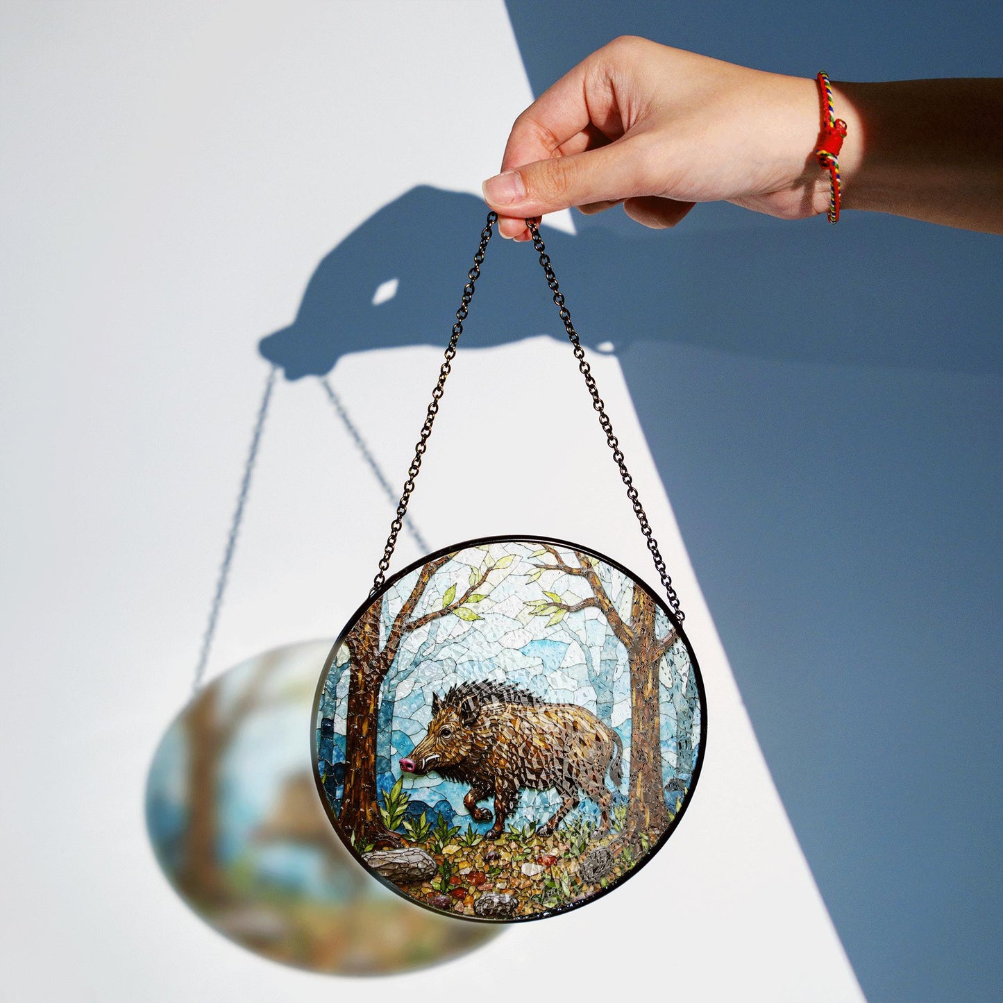 Wild Boar Forest Scene Stained Glass Suncatcher Woodland Animal Window Decor Gift for Nature Lover