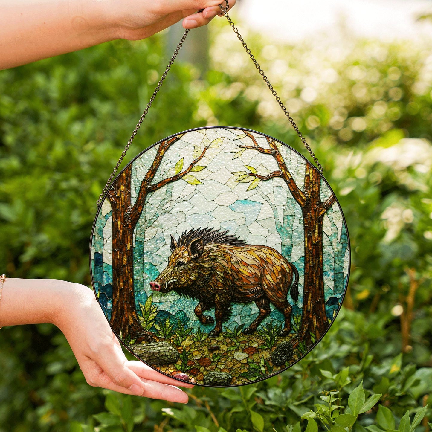 Wild Boar Forest Scene Stained Glass Suncatcher Woodland Animal Window Decor Gift for Nature Lover