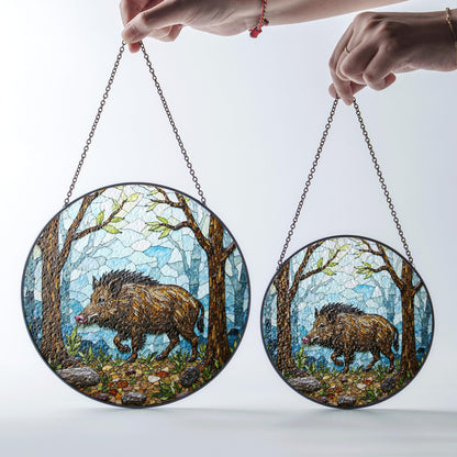 Wild Boar Forest Scene Stained Glass Suncatcher Woodland Animal Window Decor Gift for Nature Lover