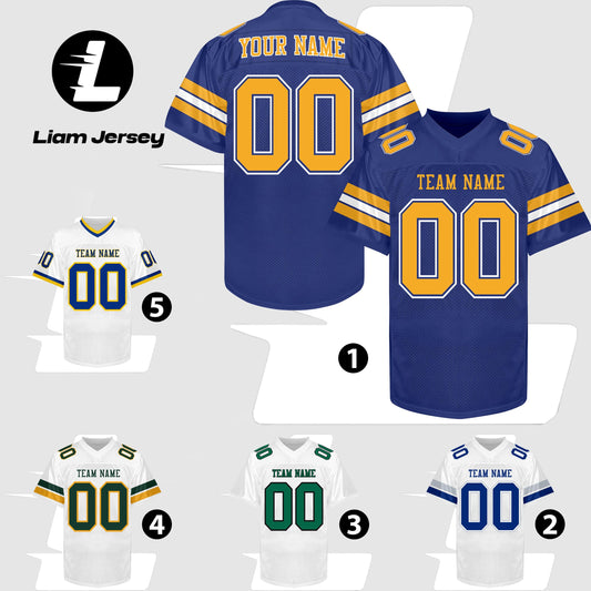 Custom Blue Gold Football Jersey Men Women Youth Kid, Football Shirt Printed Name Number and Logo, Practice Football Uniform for Sports Fan