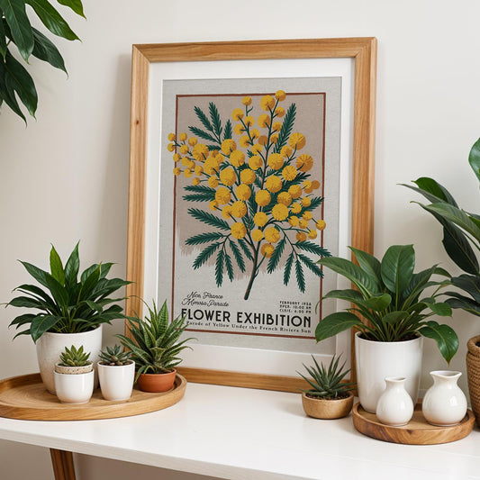 Nice Mimosa Botanical Poster, French Floral Wall Art | Mid Century Botanical Decor for Plant Lovers, Vintage Flower Market Print