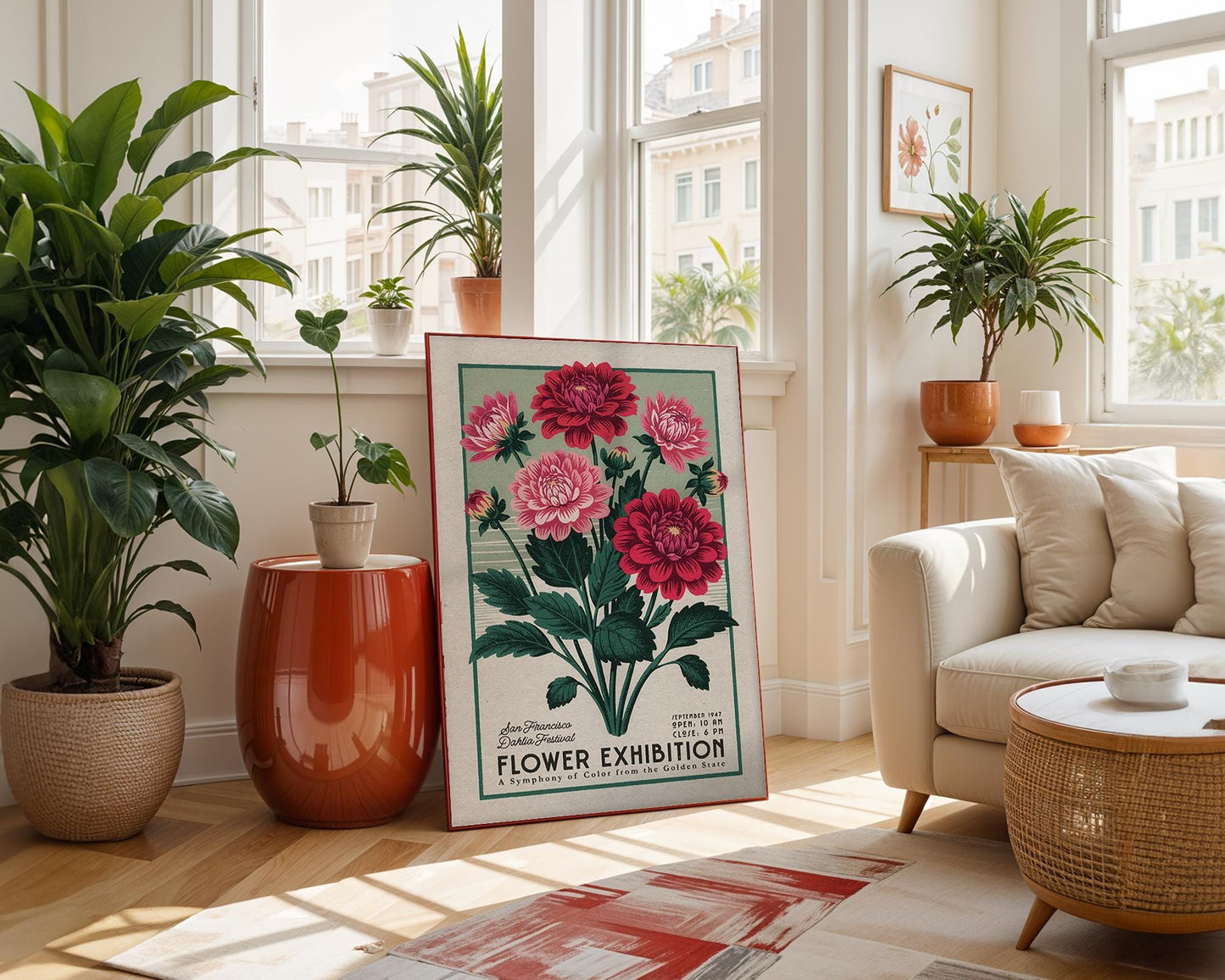 San Francisco Dahlia Botanical Art Print, Floral Wall Poster Gift | Retro Botanical Decor for Plant Moms, Mid Century Garden Artwork