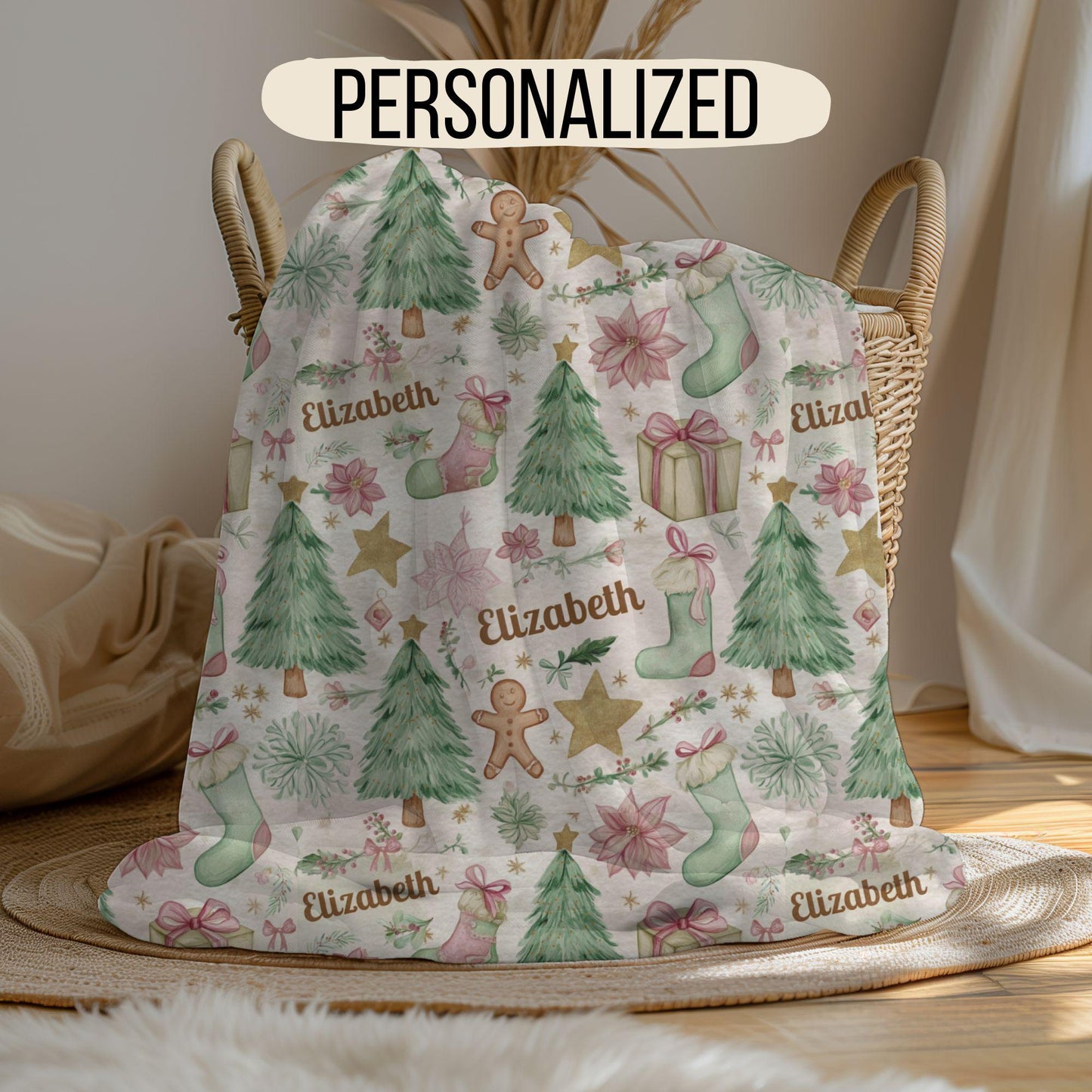 Custom Christmas Name Blanket, Personalized Holiday Blanket with Name, Cute Christmas Tree Gingerbread Gift, Gift for Family Kid's Keepsake
