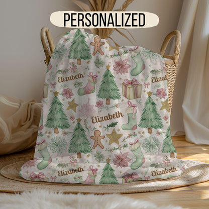 Custom Christmas Name Blanket, Personalized Holiday Blanket with Name, Cute Christmas Tree Gingerbread Gift, Gift for Family Kid's Keepsake