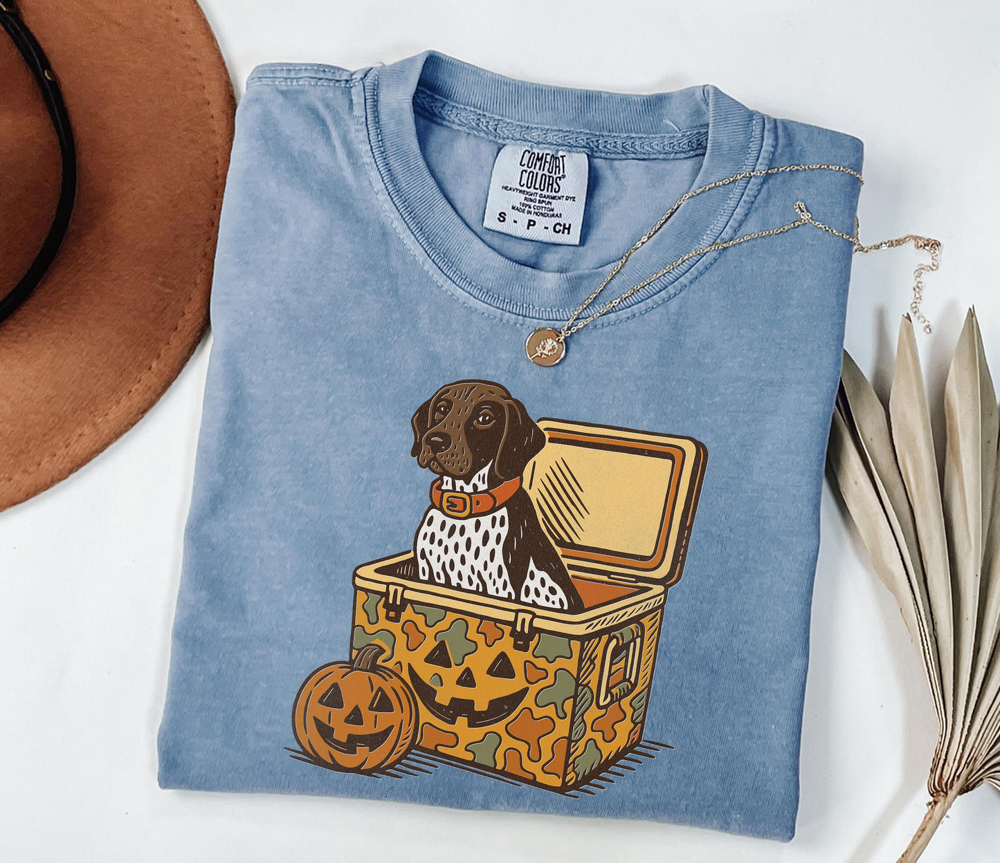 Comfort Colors® German Shorthair Pointer Halloween Shirt, Dog in Camo Cooler with Pumpkin Face Shirt, Fall Hunting, Spooky Halloween Shirt