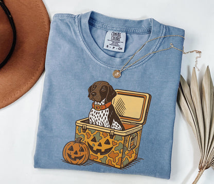Comfort Colors® German Shorthair Pointer Halloween Shirt, Dog in Camo Cooler with Pumpkin Face Shirt, Fall Hunting, Spooky Halloween Shirt