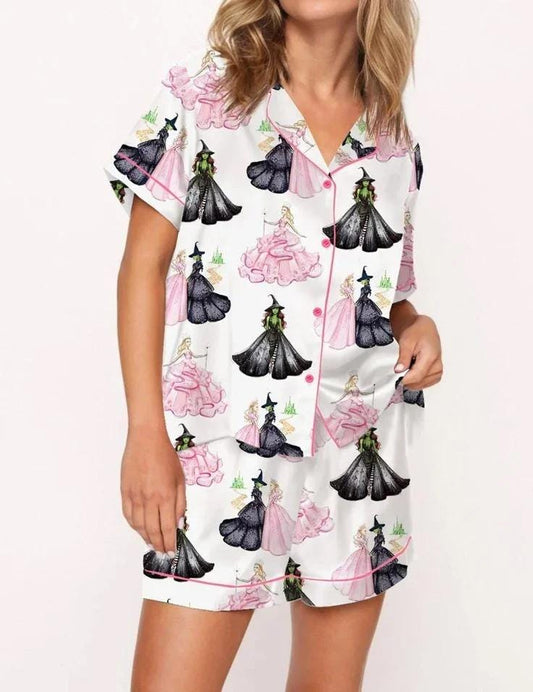 Pink And Green Musical Short Satin Pajamas, Musical Movie Sleep Shorts, Witch and Princess Changed for Good Silky Lounge Shorts  Pajamas Set
