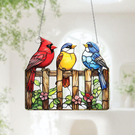 Colorful Birds on Fence Window Hanging – Cardinal, Blue Jay & Yellow Bird Decor, Cheerful Garden Gift for Bird Lovers, Spring Window Accent