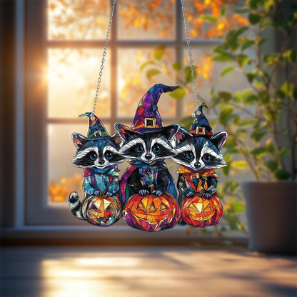 Halloween Raccoon Window Hanging – Cute Witchy Pumpkin Decor for Fall, Spooky Animal Gift for Kids, Halloween Home Accent for Trick or Treat