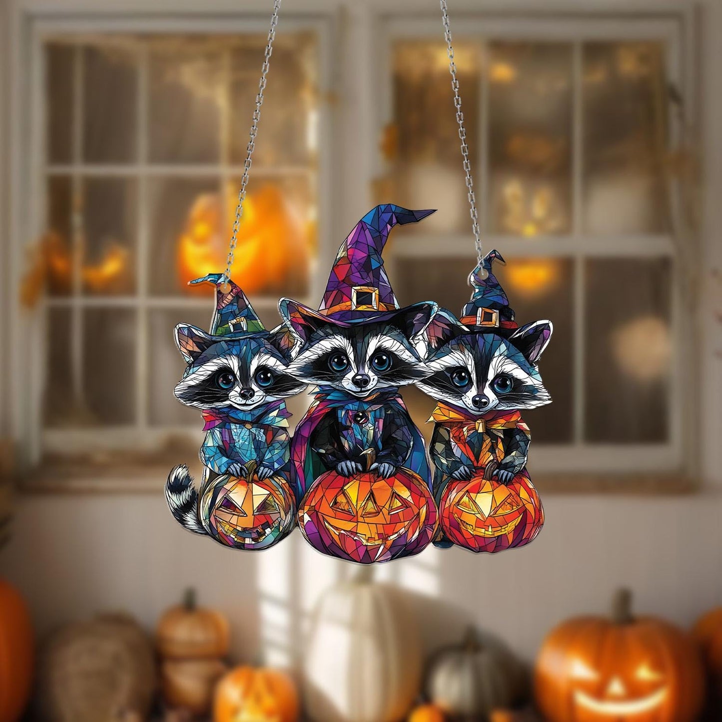 Halloween Raccoon Window Hanging – Cute Witchy Pumpkin Decor for Fall, Spooky Animal Gift for Kids, Halloween Home Accent for Trick or Treat