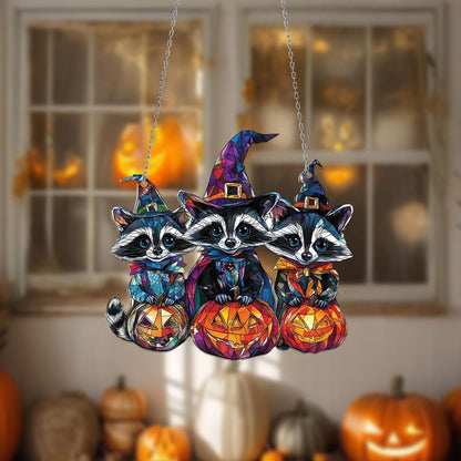 Halloween Raccoon Window Hanging – Cute Witchy Pumpkin Decor for Fall, Spooky Animal Gift for Kids, Halloween Home Accent for Trick or Treat