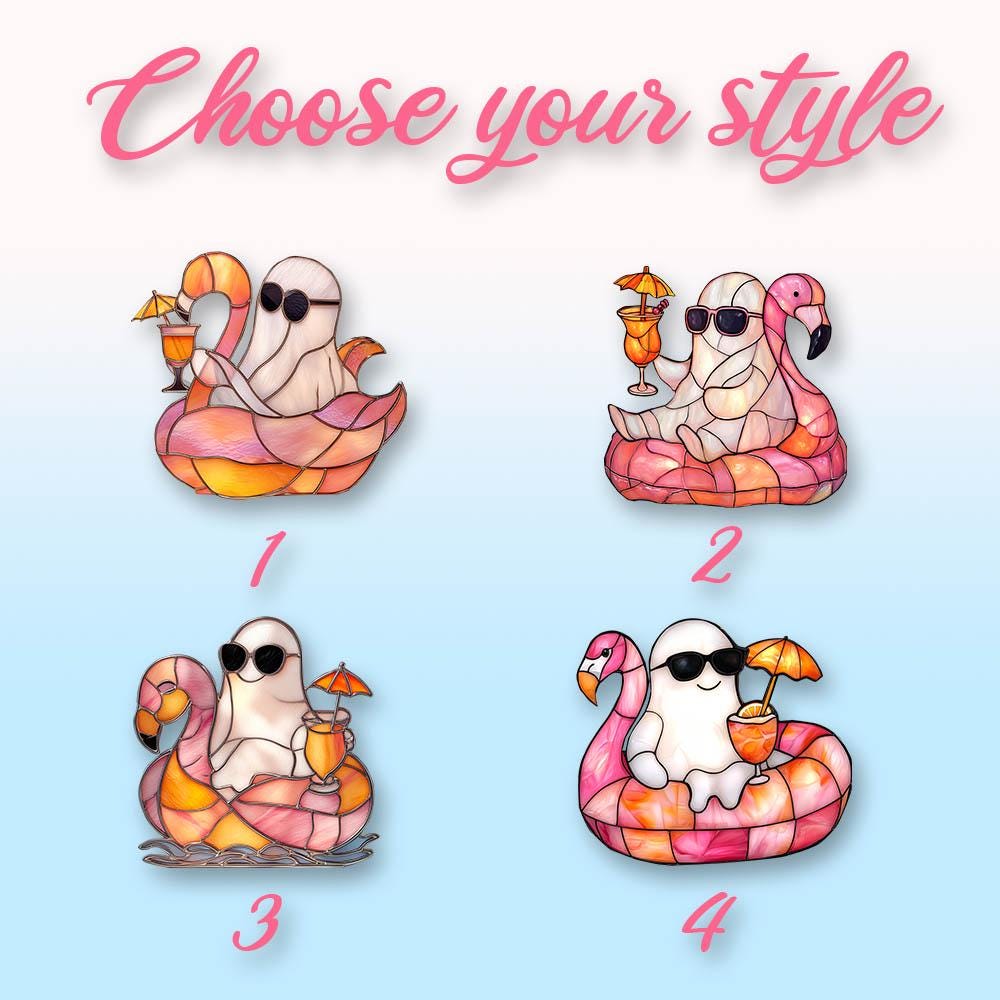 Summer Ghost Window Hanging – Funny Halloween Flamingo Decor with Cocktail, Spooky Cute Beach Vibe Gift for Her, Poolside or Patio Accent