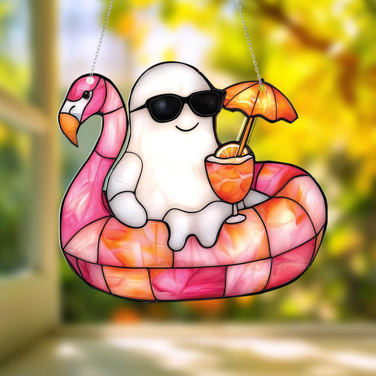 Summer Ghost Window Hanging – Funny Halloween Flamingo Decor with Cocktail, Spooky Cute Beach Vibe Gift for Her, Poolside or Patio Accent
