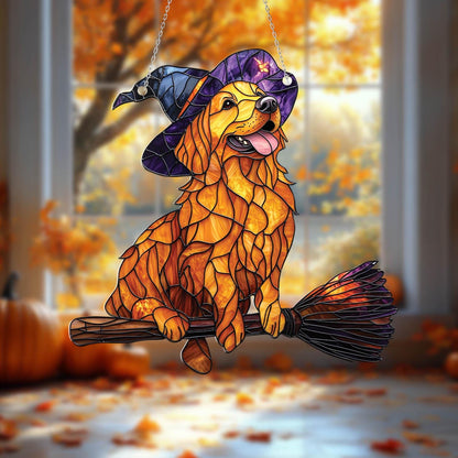 Halloween Witch Dog Window Hanging – Flying Golden Retriever Decor for Dog Lovers, Cute Spooky Fall Gift, Whimsical Pet Accent for Home