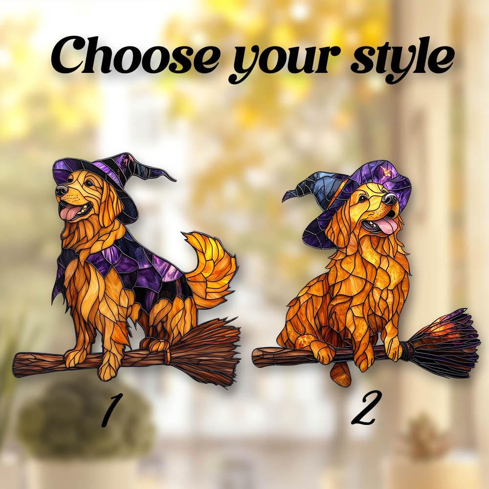 Halloween Witch Dog Window Hanging – Flying Golden Retriever Decor for Dog Lovers, Cute Spooky Fall Gift, Whimsical Pet Accent for Home