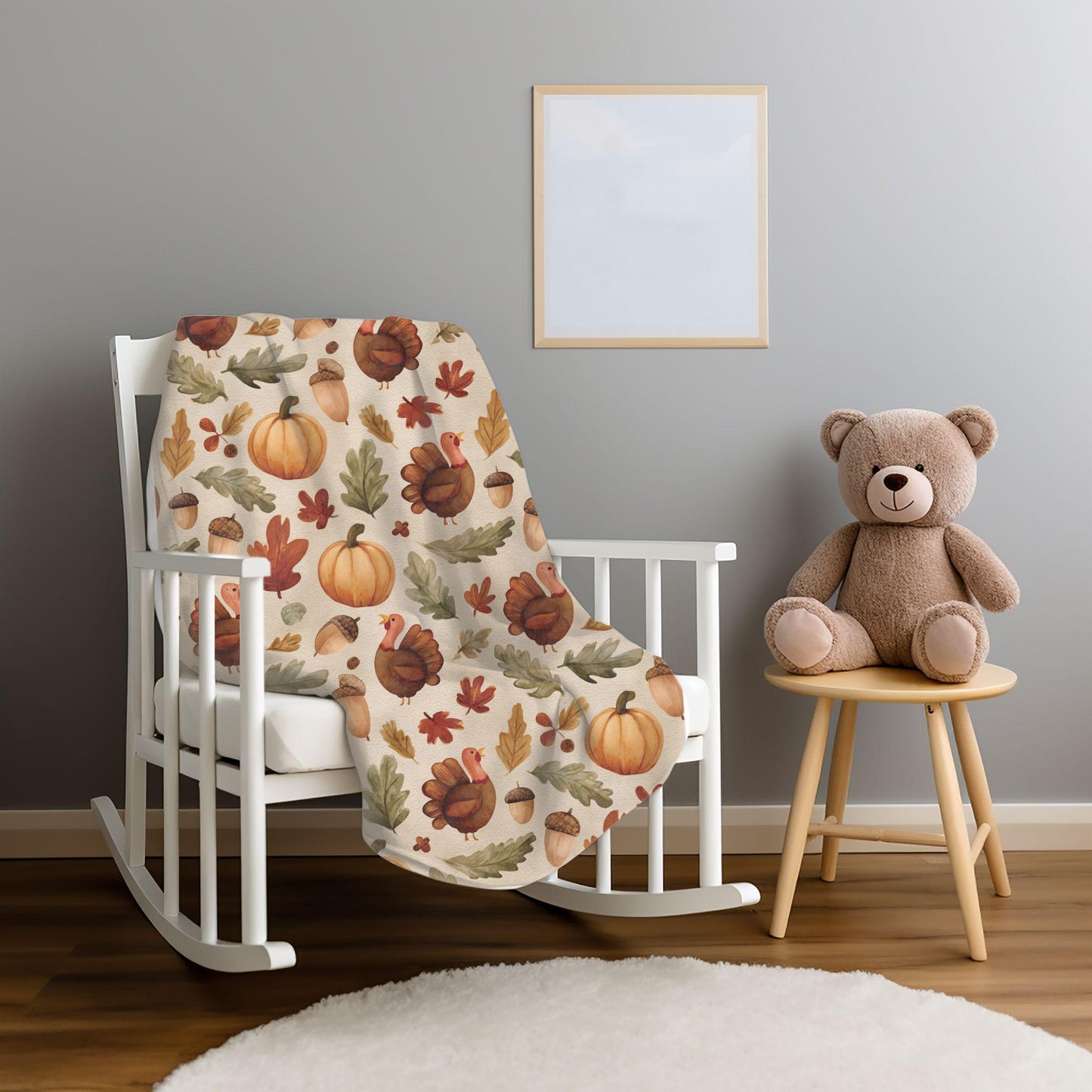 Cozy Fall Thanksgiving Blanket | Cute Turkey & Pumpkin Throw | Autumn Leaves Fleece Blanket | 3 Sizes | Thanksgiving Home Decor Gift