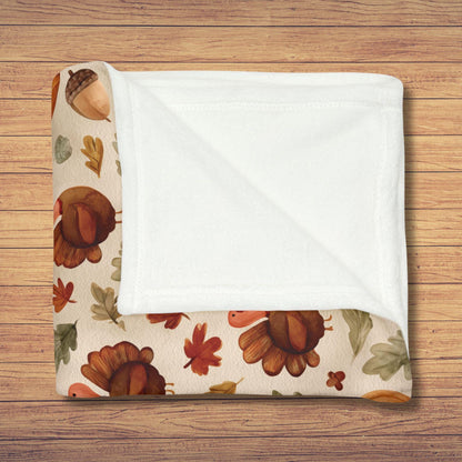 Cozy Fall Thanksgiving Blanket | Cute Turkey & Pumpkin Throw | Autumn Leaves Fleece Blanket | 3 Sizes | Thanksgiving Home Decor Gift
