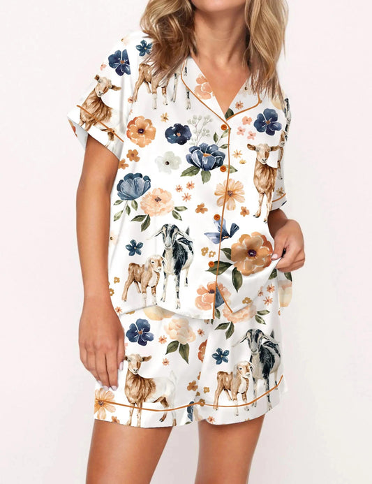 Goat Farm Floral Silky Satin Pajama Set For Women  Pajamas Set