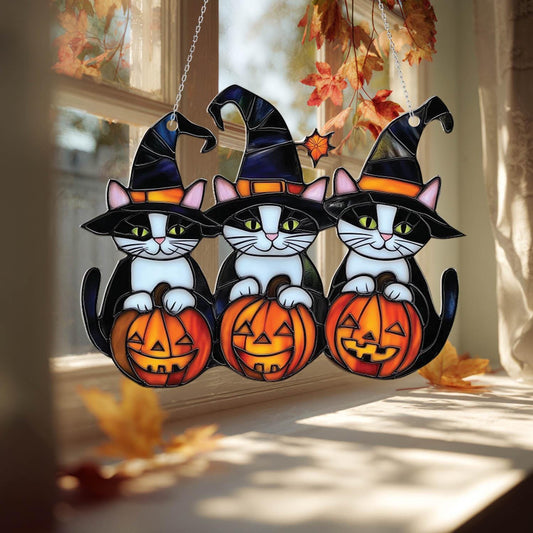 Halloween Cat Trio Window Hanging – Cute Black & White Witch Cats with Pumpkins, Spooky Fall Decor for Cat Lovers, Trick or Treat Home Gift